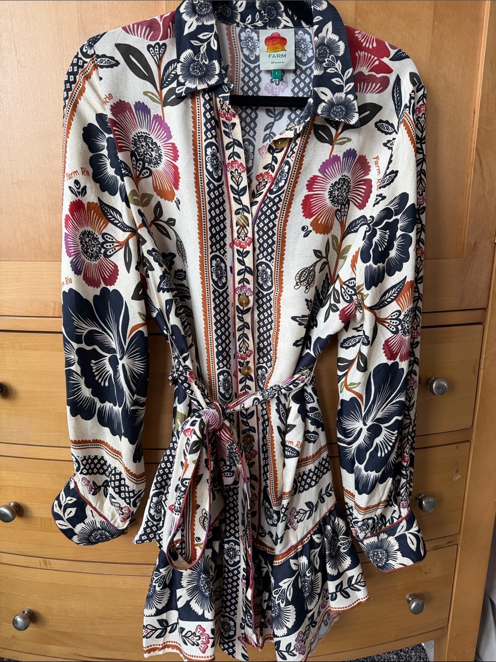 FARM Rio Cream Floral Long Sleeve Button Dress with Black & Orange/Brown Print. - Picture 4 of 7